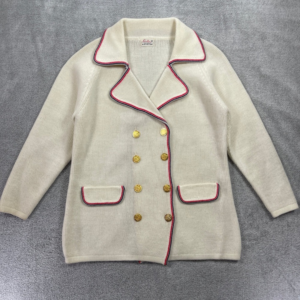 Vintage Corliss Cardigan Sweater Women L White Double Breasted Nautical Crest